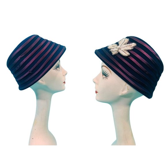 Vintage 1950s Bucket Hat Purple Stripe Floral Hat - Picture 7 of 10